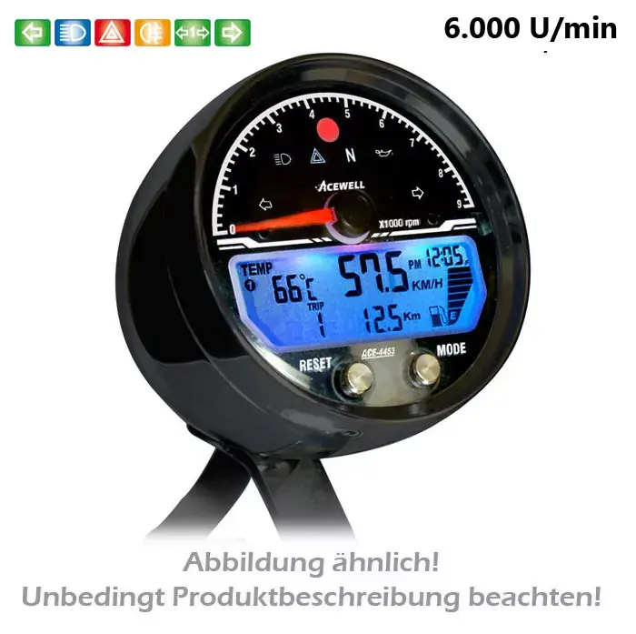 ACEWELL Multifunktionelles Digitalinstrument alu-schwarz mit Tacho, DZM 6000 RPM, Uhr & Tankanzeige Sofort Bestellen