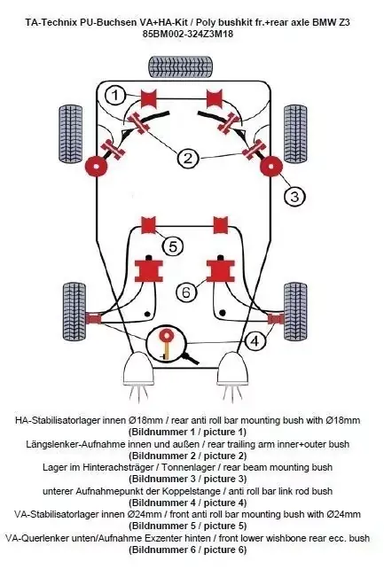 Abverkauf TA Technix PU-Buchsen Kit 32-teilig Vorder- & Hinterachse passend für BMW Z3 E36